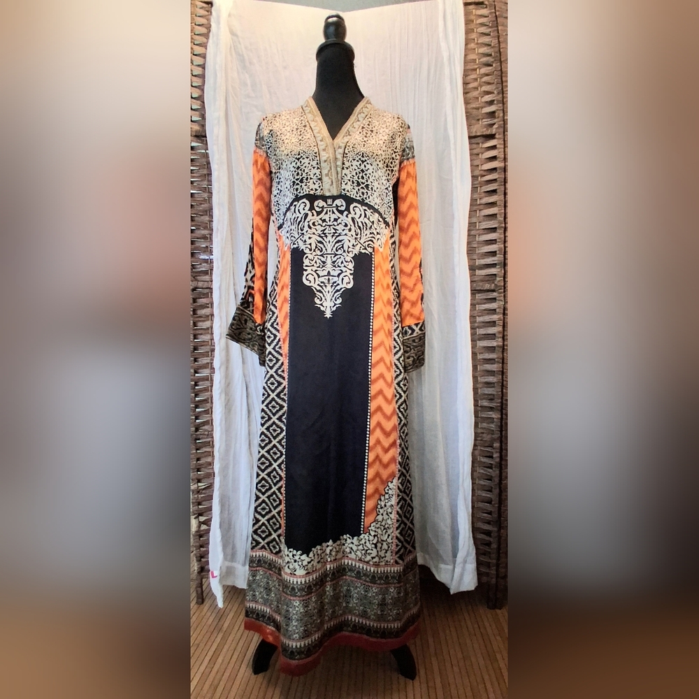 Elegant Long Sleeve Silk Kimono Style Dress with Side Slits Gold Embellished